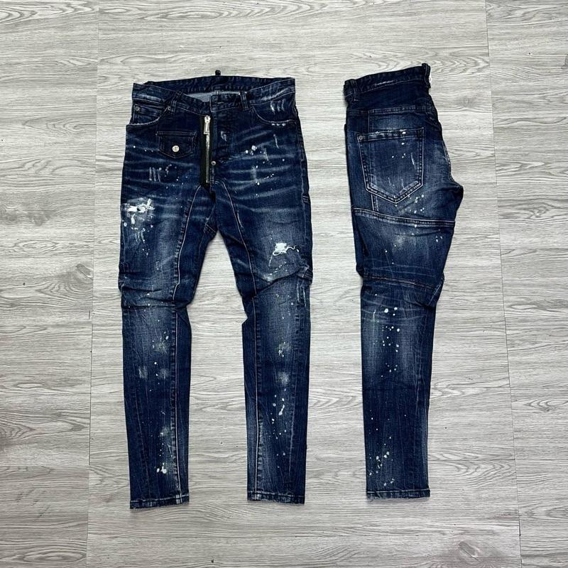 QUẦN JEAN NAM MÃ D2-36 XANH DÁNG BIKER PHOM NHỎ KHOÁ LỆCH  VẨY SƠN 4 CÚC , BÒ DÀI CAO CẤP , CO DÃN , PHOM ÔM CHÂN DS-Q ,  Có Túi