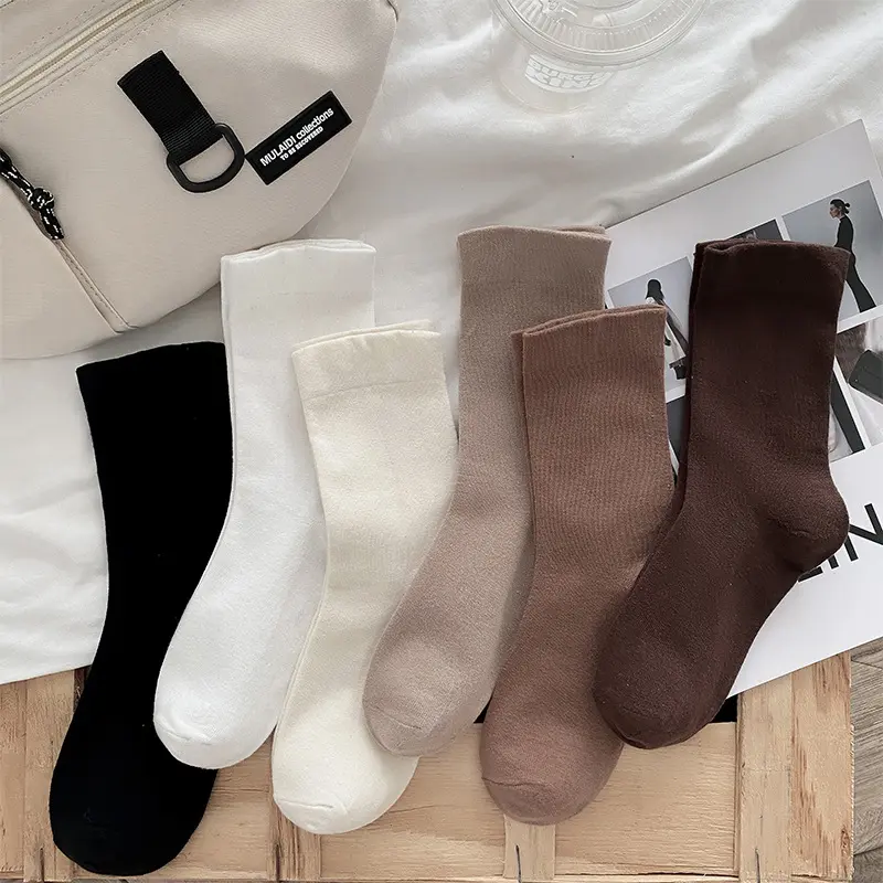New Korean Style Solid Color All-match Socks Soft Breathable Casual Socks Mid Tube Simple Stripes Soft Socks For Women