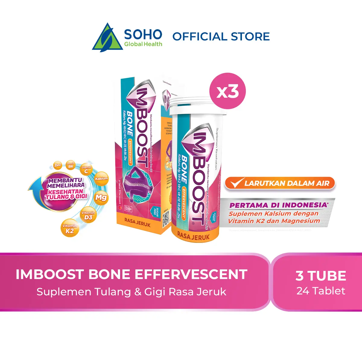 Imboost Bone Orange Effervescent 1 Box @1 Tube x 8 Tab - 3 Pack