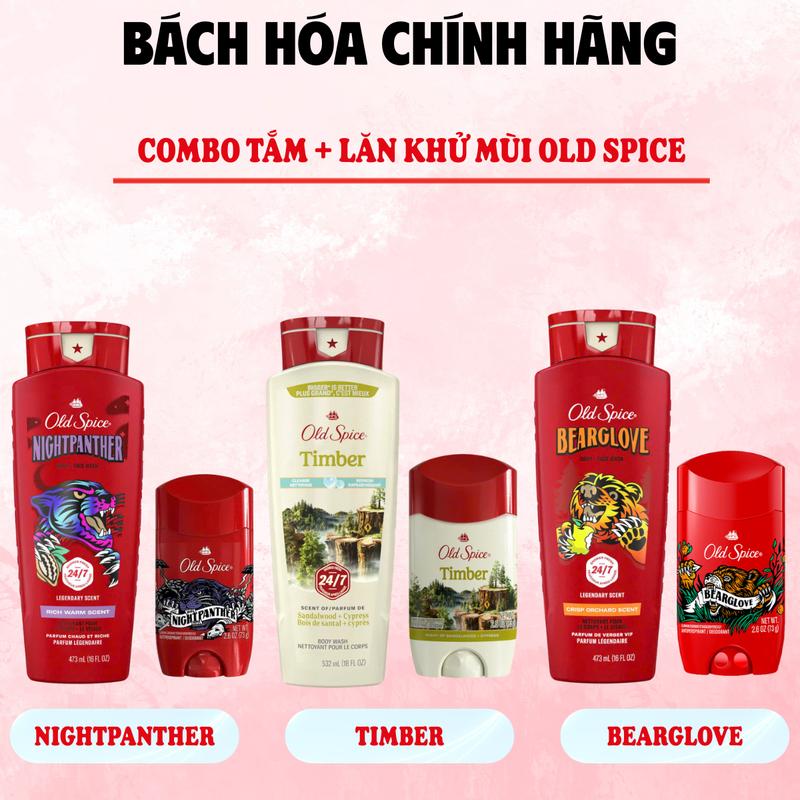 Combo Gel Tắm + Lăn khử mùi Old Spice hương / Timber / Bearglove / Nightpanther