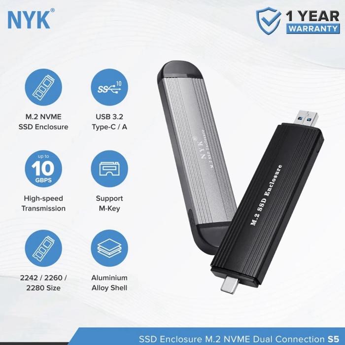 Gambar NYK S5 Case Casing Enclosure SSD M.2 NVMe High Speed Transmission , Dual Connection Output Type-C & USB-A , Allumunium Alloy untuk Size 2242 2260 2280 dari Click & Go Tokopedia Kota Bandung Tokopedia