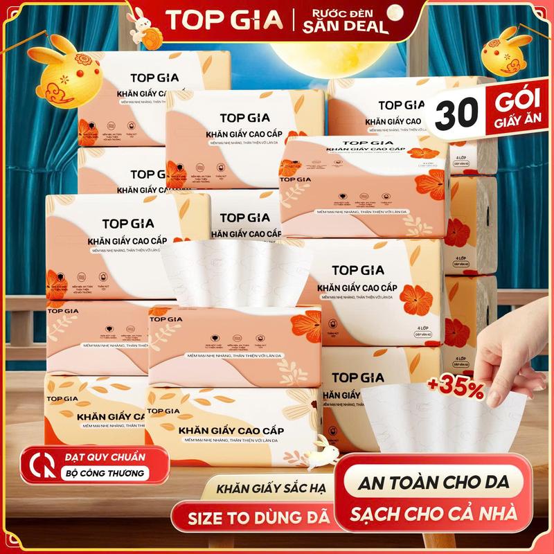   KHĂN GIẤY GÓI LỚN - DAI MỊN  Thùng 30 Gói Khăn Giấy Sắc Hạ TOPGIA Bản To khăn giấy cao cấp Top Gia giấy ăn 4 lớp dập vân 4D bền chắc mềm mịn khăn giấy vệ sinh ĐẠT QUY CHUẨN CỦA BỘ CÔNG THƯƠNG VTG83 