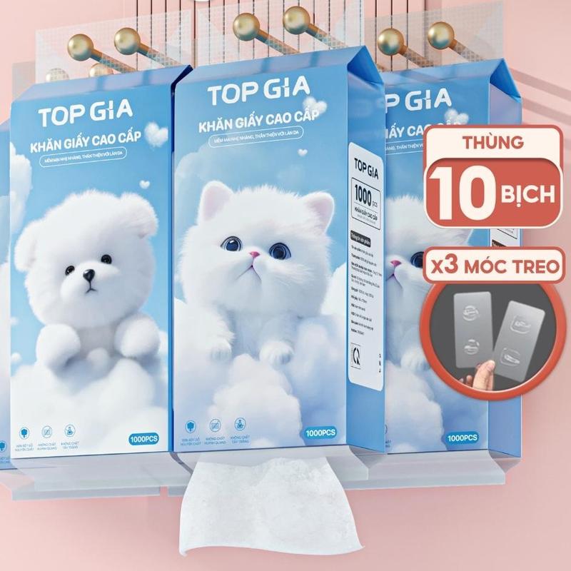 Khăn giấy rút Top Gia 10 bịch GiaGia, giấy vệ sinh treo tường 1000 tờ 4 lớp tặng 3 móc treo
