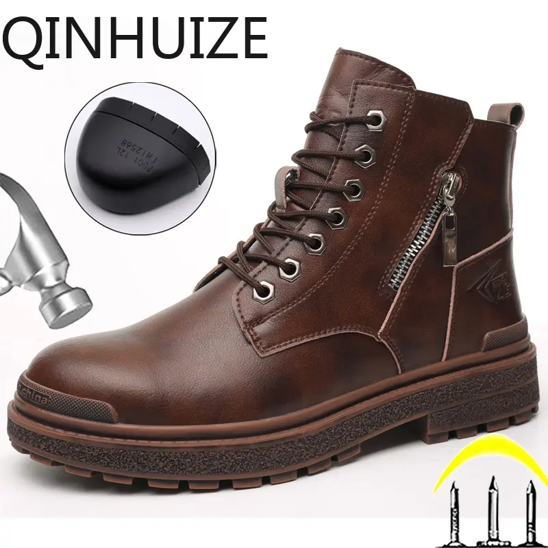 QINHUIZE-Giày Da Chống Thấm Nước Cho Nam, Chống Đâm Thủng, Không Thể Phá Hủy, Giày Bảo Hộ Lao Động Có Đế Chống Trượt 0