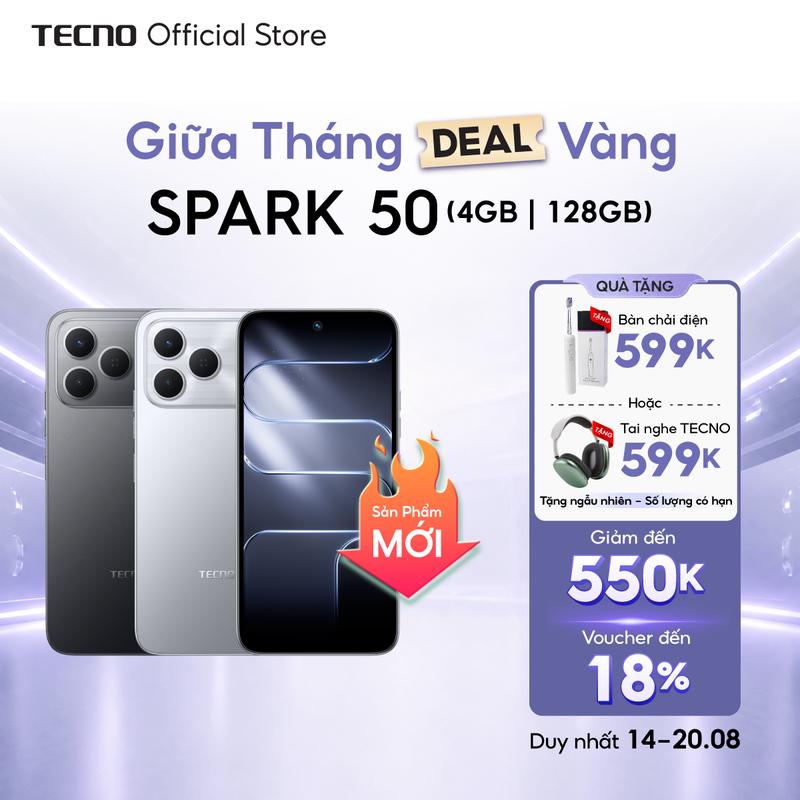 Điện thoại TECNO SPARK 50 (4+8)GB/128GB - Pin 6700mAh | Camera AI 50MP | IP64 | Màn hình 6.78” 120Hz | NFC
