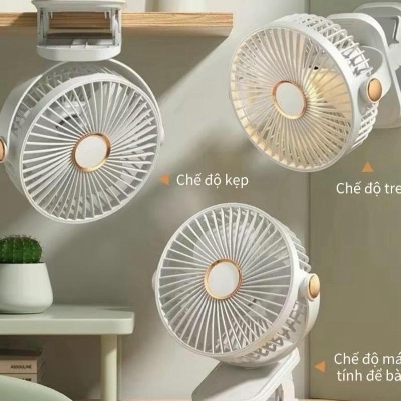 Quạt tích điện kẹp bàn mini để bàn 5 mức độ có đèn led pin nhỏ gọn tiện dụng, kèm dây sạc