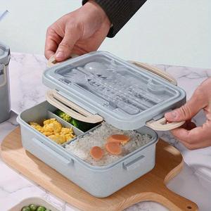 小麦わら素材 弁当箱 1個入り、和風デザインの多仕切りランチボックス、電子レンジ対応、学生・通勤向け保温ランチケース