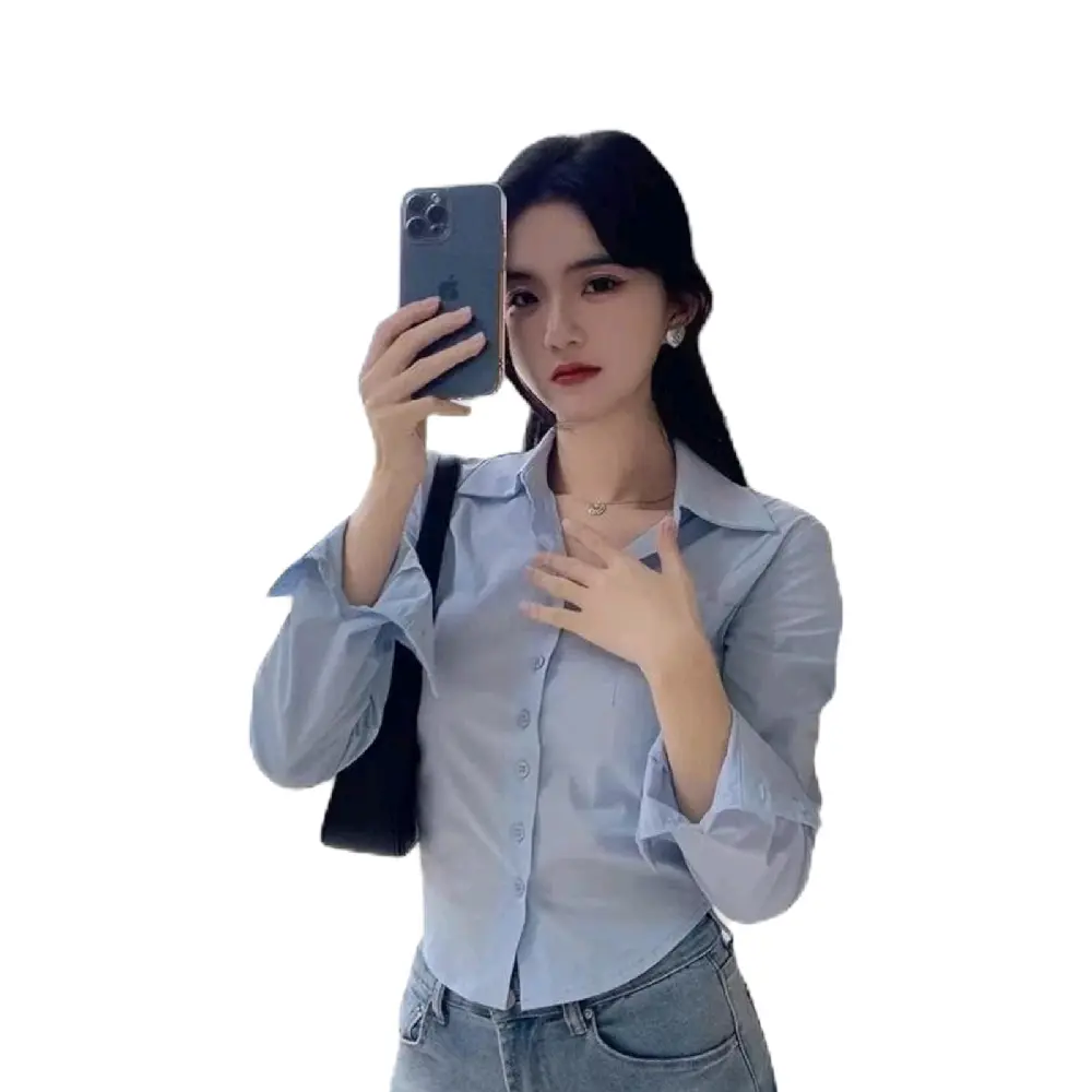 crop top kemeja pres bodi slim fitcewek lengan panjang korean stile kekinian Hitam Putih Atasan Wanita Nyaman Katun Kerah