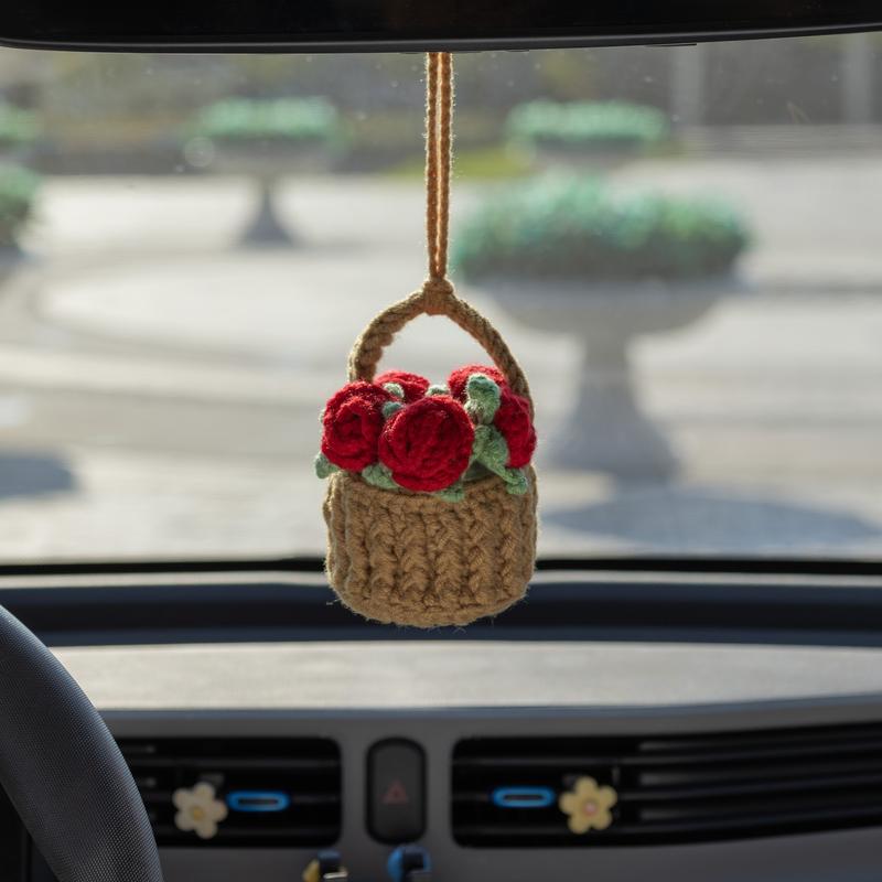 YSHomy Crochet Car Hanging with Crochet Flower Basket for Car Decor, Crochet Sunflower Rose Basket Hanging for Car Mirror 1