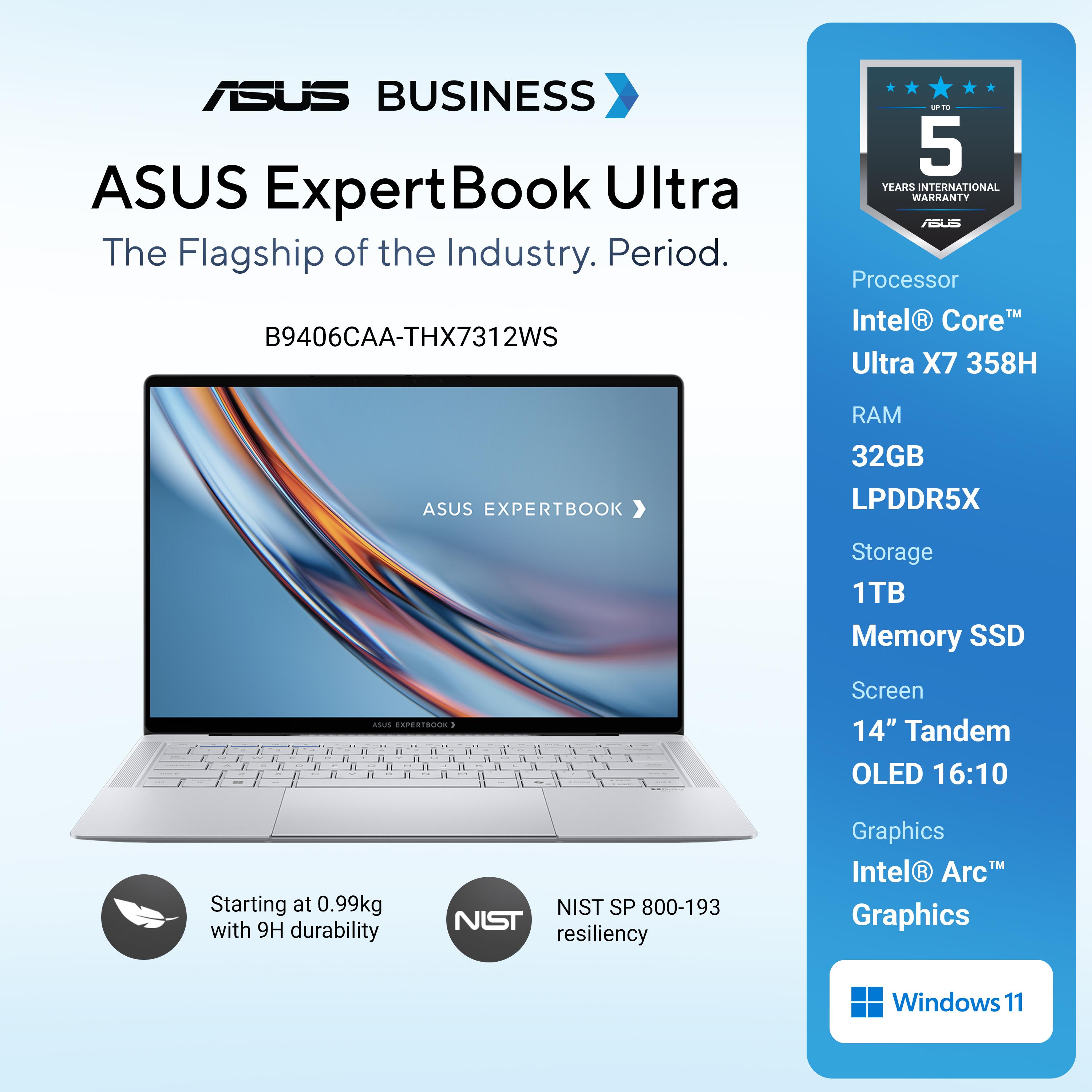 ASUS ExpertBook Ultra [B9406CAA-THX7312WS] 1A-MORN GREY/INTEL ULTRA X7 358H/LPDDR5X 32G[ON BD.]/1TB 2280 PCIE G4/14.0/OLED/WQXGA (2560x1600)/Win 11 Home/OHS+M365/70WH/WIFI7/1Y ON-SITE(ADP)+2Y