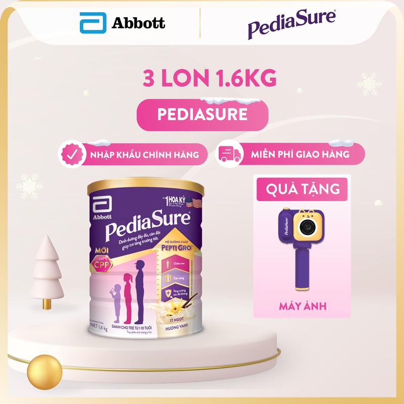 TẶNG MÁY ẢNH PEDIASURE Combo 3 lon sữa PediaSure chính hãng dạng bột hương vani ít ngọt 1.6kg