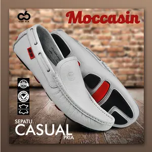 CBR SIX / Sepatu kasual mokasin pria / Model loafer slip-on / Bahan kulit asli / Sol karet super lentur / Warna putih / Sepatu kasual formal santai kerja kantor / HMC 512 Shoes Flat
