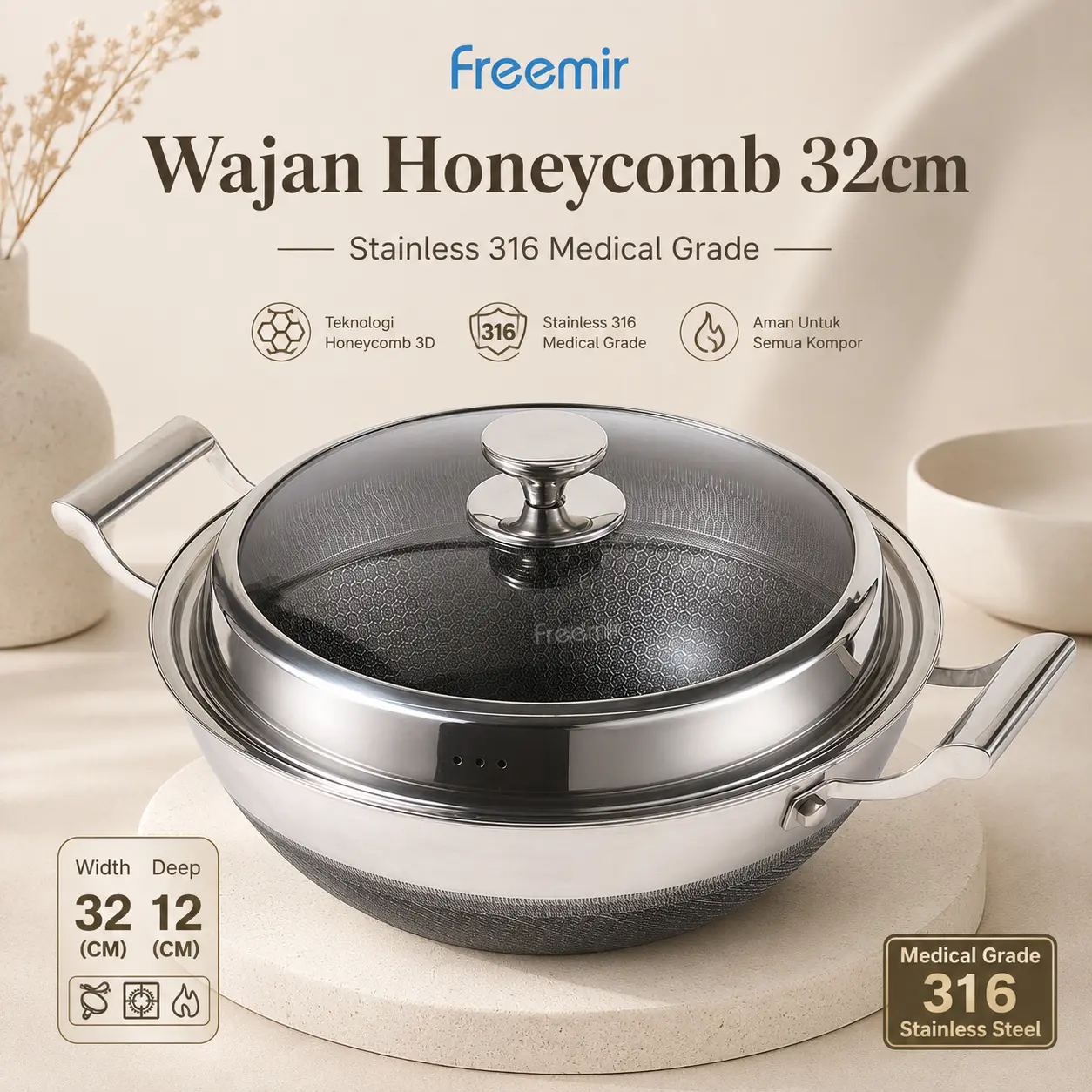 [EXCLSV Miuvara PO 25 SEPT] freemir Wajan Honeycomb 32 Cm Stainless Steel 316 Anti Lengket Tahan Gores Lebih Sehat Multifungsi Kitchenware