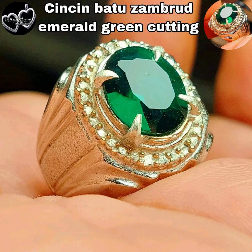 Cincin batu zambrud emerald green cutting dim 12x10 KC / biron / cincin pria