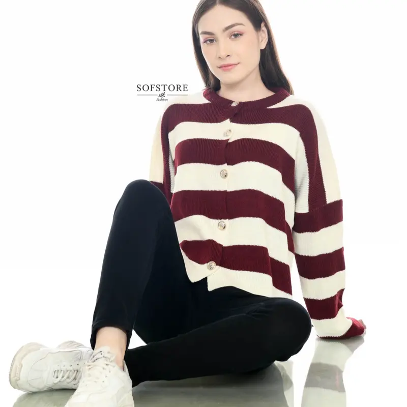 ALINE Stripe Cardigan Knitwear Oversize Bahan Rajut Premium Tebal Atasan Wanita 0