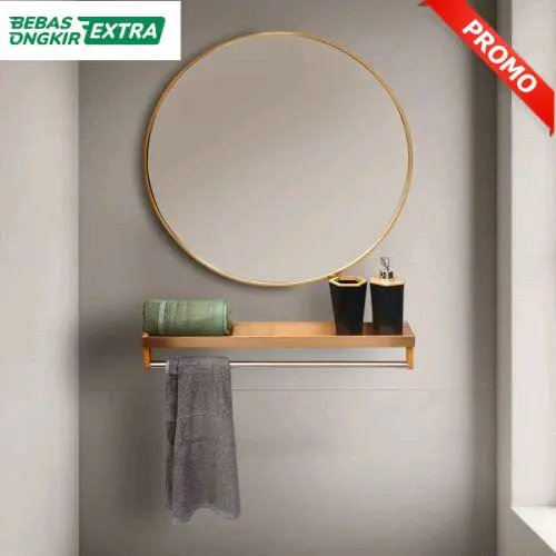 Cermin Dinding Kaca Bulat Bathroom Shelving Dengan Rak Ambalan Gantungan Handuk 40 Cm - Gold ( Kualitas Tinggi )