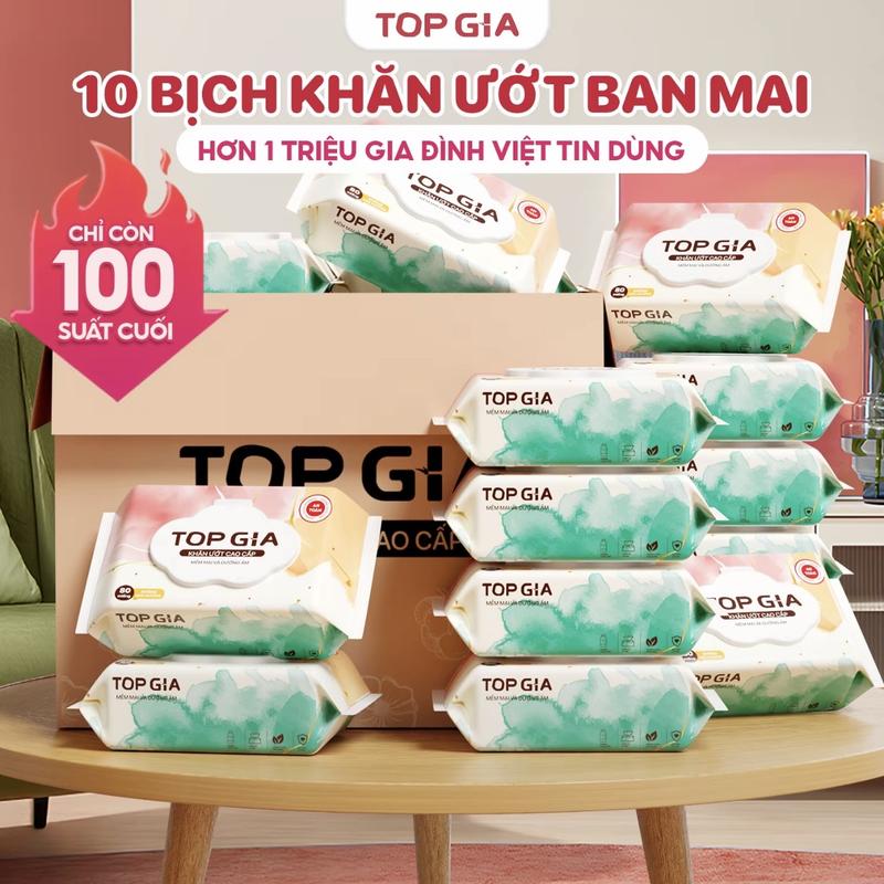(ĐA KHO) THÙNG 10 BỊCH Khăn ướt Top Gia ban mai 80 tờ không mùi không parabens mềm mại giấy topgia