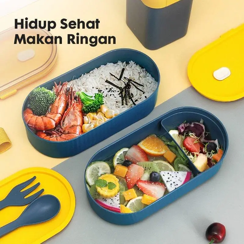 Lunch Box Kotak Makan 700ML 2 Layers I Bento Box Free Sendok I BPA Free Blue Kitchenware  Garpu  Pink Tali 4