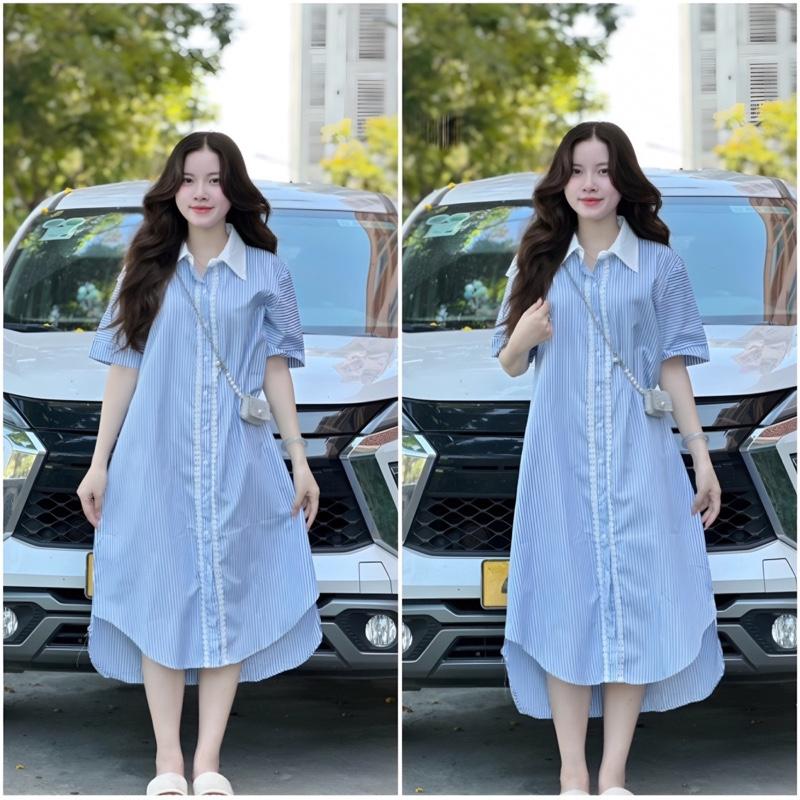 H234 Váy sơ mi kẻ cổ pha dáng dài Bacssic dành cho nữ