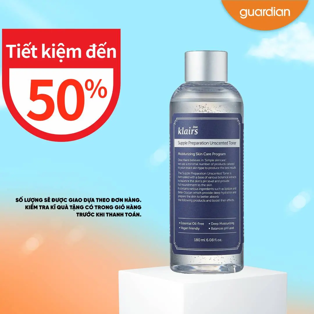 Nước Hoa Hồng Không Mùi Dưỡng Ẩm & Làm Mềm Dear, Klairs Supple Preparation Unscented Guardian 180Ml