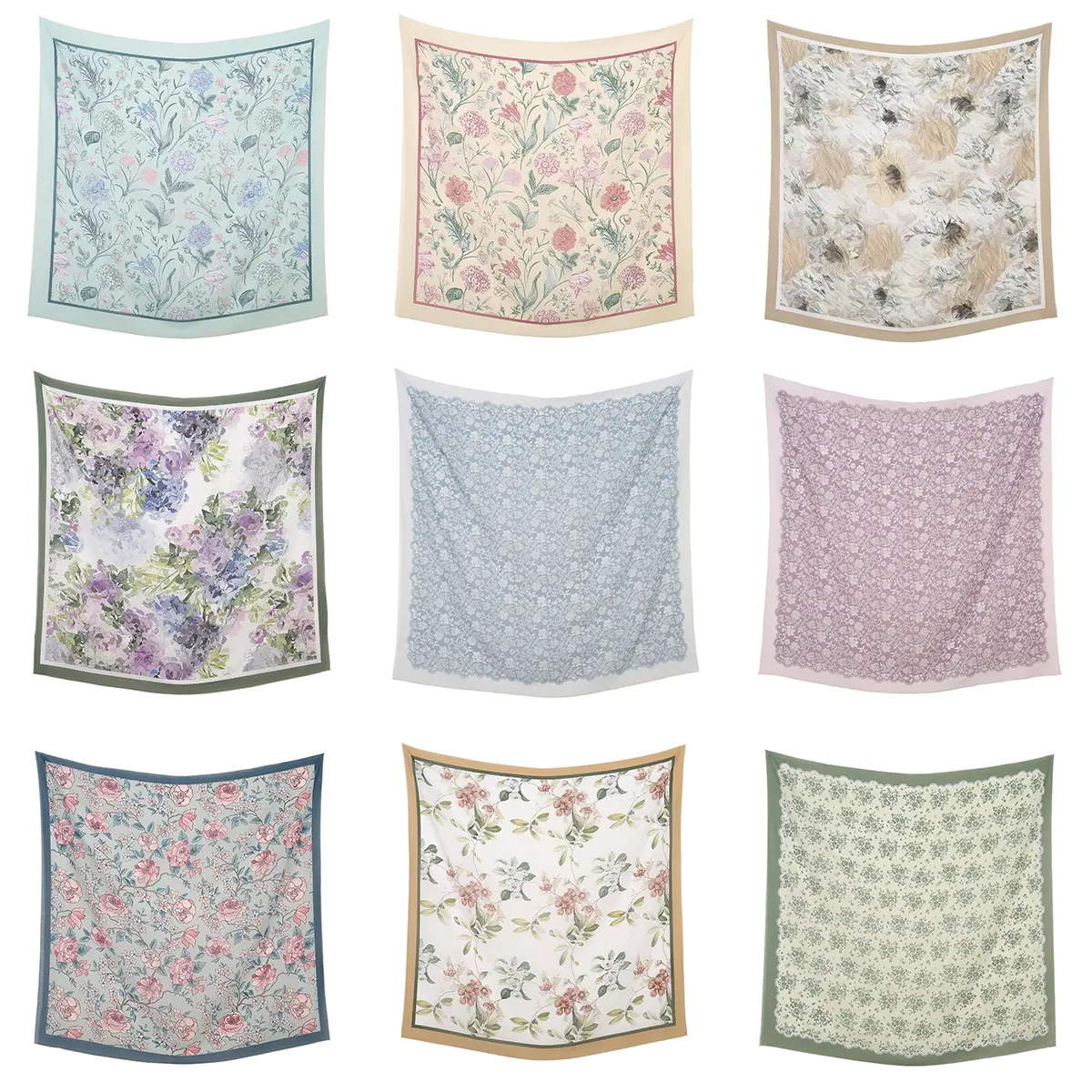LOVOSME 110*110cm Premium Voile Scarf Bawal Laser Edge Floral Printed Hijab Shawl Square Scarf Muslim Tudung