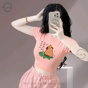 Áo Thun Croptop Basic Form Ôm Body Nữ Cổ Tròn Tay Ngắn In Hình "Capybara Style Gần Thiên Nhiên" Chất Liệu Thun Borip Size S M L Phong Cách Dễ Thương Gợi Cảm Đường Phố