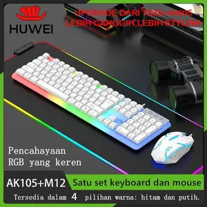 [Peningkatan baru]Huwei AK105 Keyboard Gaming LED RGB 104 Tombol Set Mouse USB Wired Latensi Rendah Dual Tone