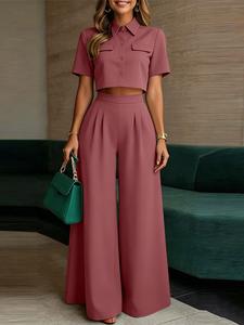 Traje casual para mujer: camisa de manga corta con cuello con muesca y pantalón de pierna ancha de cintura alta, perfecto para uso diario, diseño cómodo y elegante