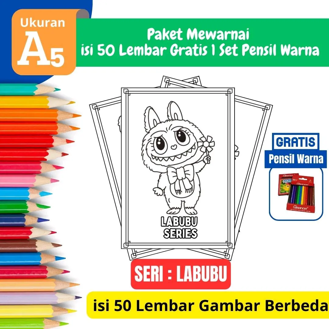 Paket Mewarnai Anak EDISI LABUBU - 50 Lembar Kertas Gambar Gratis Pensil Warna - Toys
