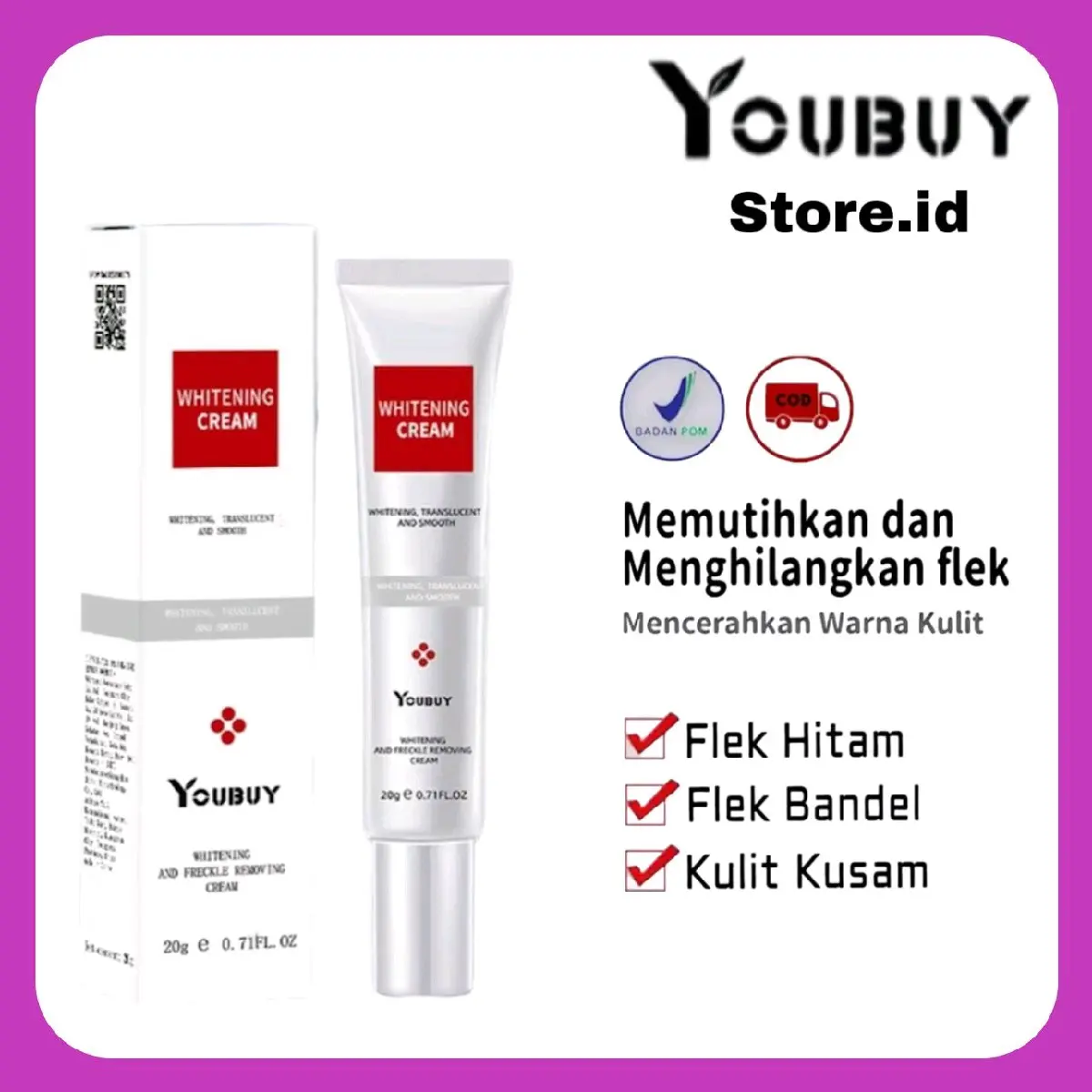 YOUBUY Whitening and Freckle Removing Cream ORIGINAL BPOM Krim Pemutih Wajah Menghilangkan Flek Hitam Membandel dan Mencerahkan Kulit