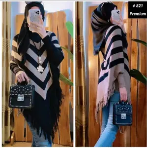 rajut ponco batwing import motif terbaru/via ponco motif garis garis Atasan Baju Wanita Panjang Knitwear Nyaman