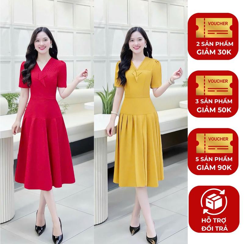 Đầm nữ công sở thiết kế Nhật Vy cổ V tay ngắn dây belt liền chất lụa dự tiệc - D3212