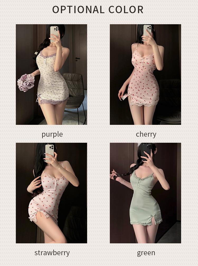 Product Introduction of A strappy sleep dress, pure and seductive lingerie, lace sleepwear, alluring and sexy strappy sleep dress for small breasts, one-piece dress. 3