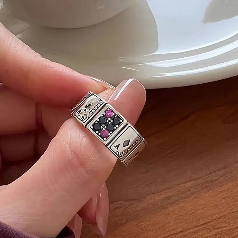 【Sktlz】 Setting Good  Poker Ring Retro Hip Hop Ring Exaggerated Personalized Open Ring 6