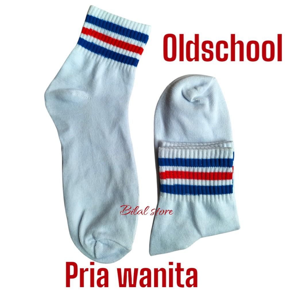 Kaos Kaki Oldschool Putih Strip Garis Tiga Pendek Atas Mata Kaki - 1 Pasang Pria Wanita Katun Nyaman Lembut