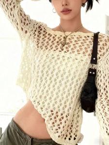 Suéter de punto calado para mujer, holgado, de manga larga con protección solar, cuello redondo, fino y elegante