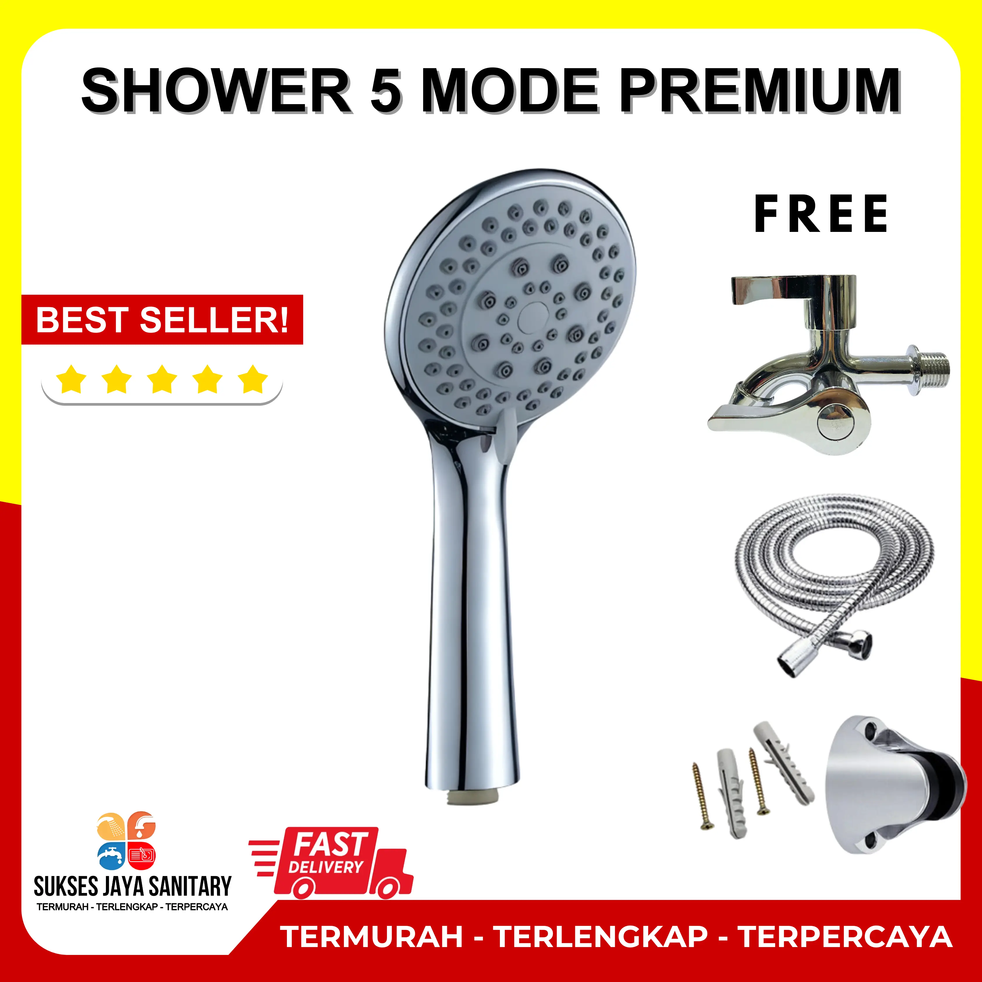5 in 1 Paket Shower Kamar Mandi Premium dan Kran Shower Cabang - 1/2 Inch Stainless 5 Mode Fungsi Plastik Selang Plastik Selang Set Air