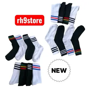 rh9store 3 Pasang Kaos Kaki Sport Panjang Baru Desain Stripes Warna Hitam Putih & Multicolor untuk Olahraga dan Aktivitas Sehari-hari