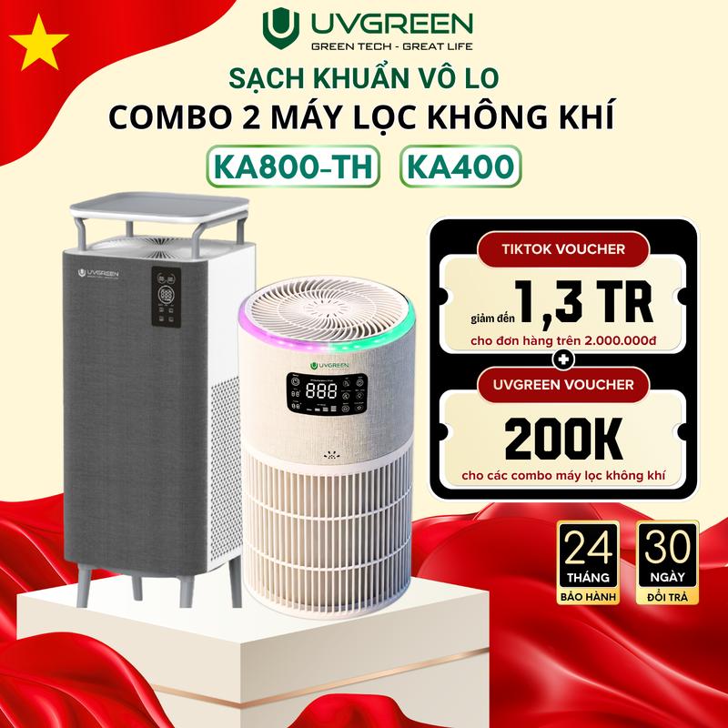 Combo Máy Lọc Không Khí Diệt Khuẩn UVGREEN KA800-TH 80m2 + KA400 40m2 - UVC LED Hiện Đại Diệt Khuẩn - Ion Âm Chống Vi Khuẩn - Lõi HEPA H13 Lọc Sạch Bụi Mịn, Mùi Hôi, Khói, Lông Tóc