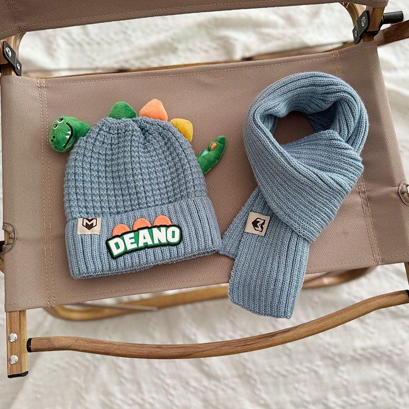 Product Introduction of 1-7Y 2Pcs Children Hat Scarf Set Cute Little Dinosaur Knitted Wool Cap Winter Warm Kids Neckerchief Boy Girl Baby Beanie 24