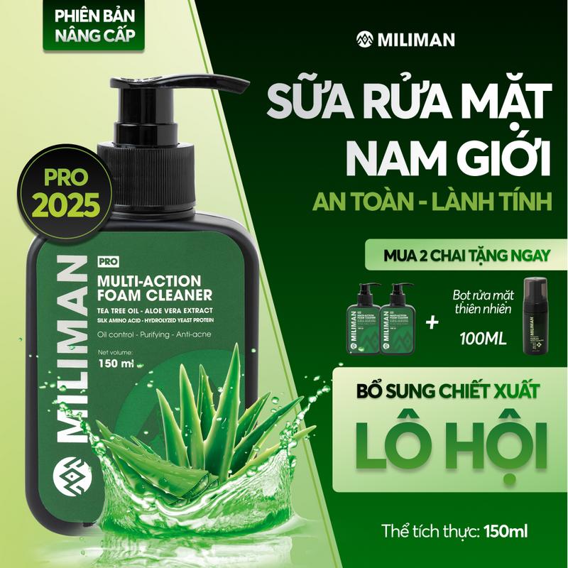 [PRO] Sữa Rửa Mặt Nam Amino Acid MILIMAN 150ML - Bổ Sung Chiết Xuất Lô Hội Phù Hợp Cho Da Dầu Mụn | Mua 2 SRM Tặng 1 Bọt Rửa Mặt Thiên Nhiên MILIMAN