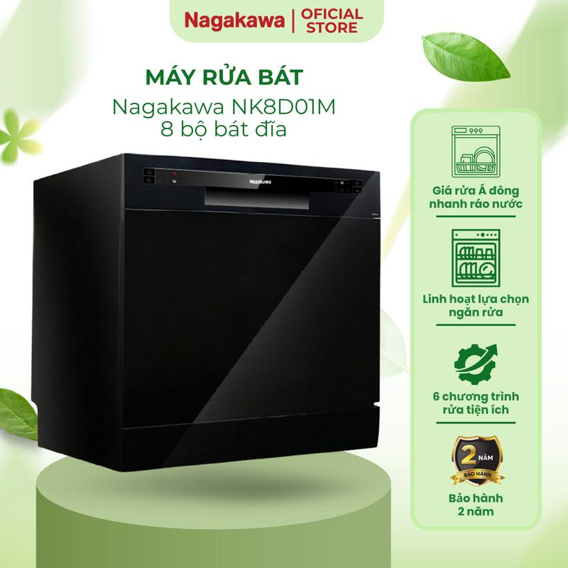 Máy Rửa Bát Nagakawa NK8D01M – Dung Tích 8 Bộ bát đĩa – Công Suất 1400W – Độ Ồn Thấp, Vận Hành Êm Ái, 6 Chương Trình Rửa Tiện Ích – Nhớ Chương Trình Rửa Khi Mất Điện – Made in Malaysia – Bảo Hành 2 Năm