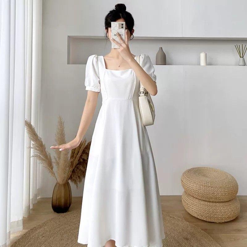 Đầm liền thân trắng cổ vuông, mẫu mới mùa hè, phong cách Pháp, chiết eo tôn dáng thon gọn, thanh lịch, đầm dạ hội Hepburn dài.