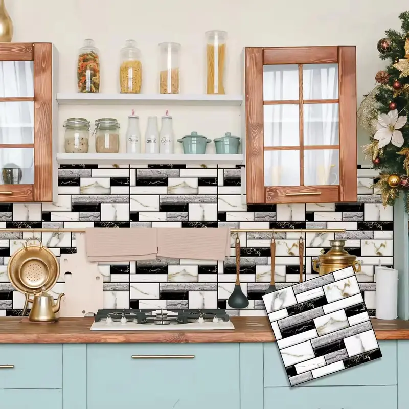 3D Retro Simulation Marble Brick Pattern Wall Sticker, Imitation Tile Self-adhesive Wall Sticker, Waterproof Living Room Kitchen Backsplash Bathroom Home Wall Sticker 2