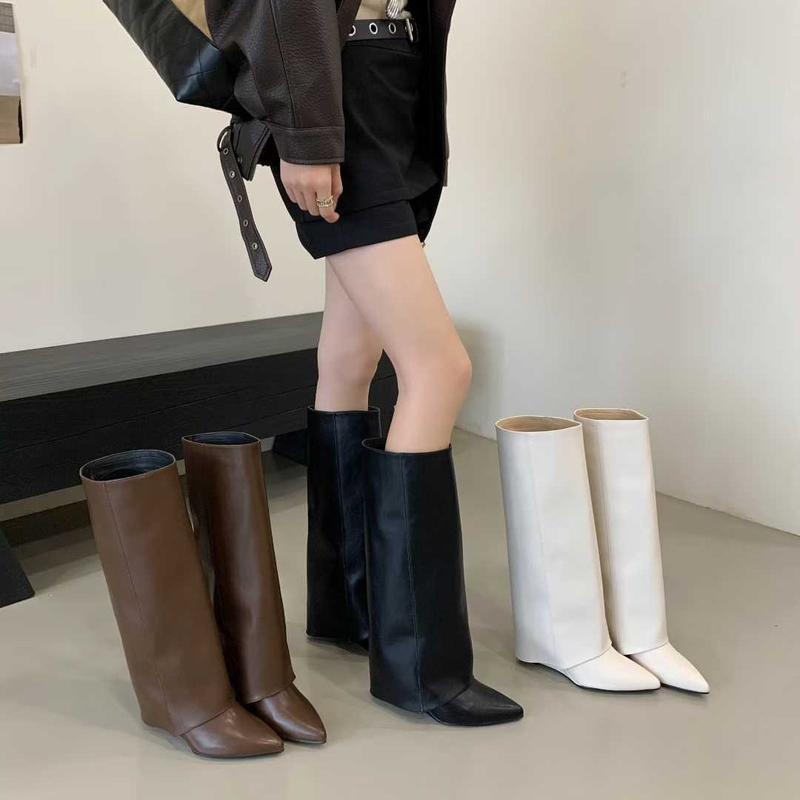   TIEU TIEU  Bốt Đen Trơn Dáng Cao Mũi Nhọn Đế 7cm Mẫu Mới 2025 Thiết Kế Đơn Giản Phong Cách Hiện Đại Cho Nữ 