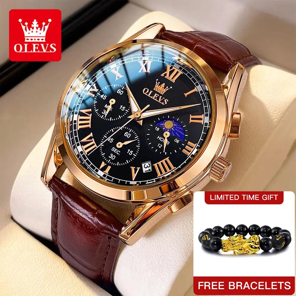 【Free bracelets】OLEVS đồng hồ nam dây da Nguyên bản dạ quang chống nước thương mại Lịch Đa chức năng Đồng hồ Chronograph Chống mài mòn và chống trầy xước Đồng hồ Thạch Anh 2871 Watch Đeo Taybảo hành 1 năm