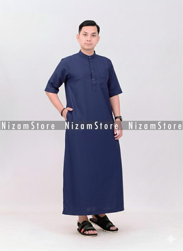 Gamis Pria Jubah Lengan Pendek Kancing Snap Muslim Dewasa Katun Premium Hitam Putih Abu Haji Umroh