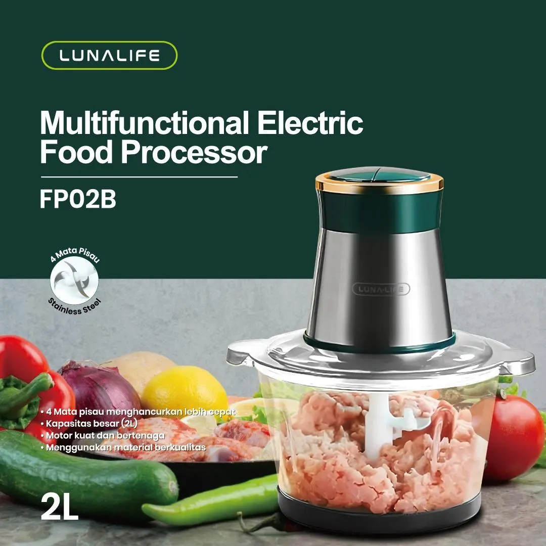 [Indahputri Exclusive] LUNALIFE Blender Chopper FP02B Chopper Kaca 2L Penggiling Daging Multifungsi 250Watt