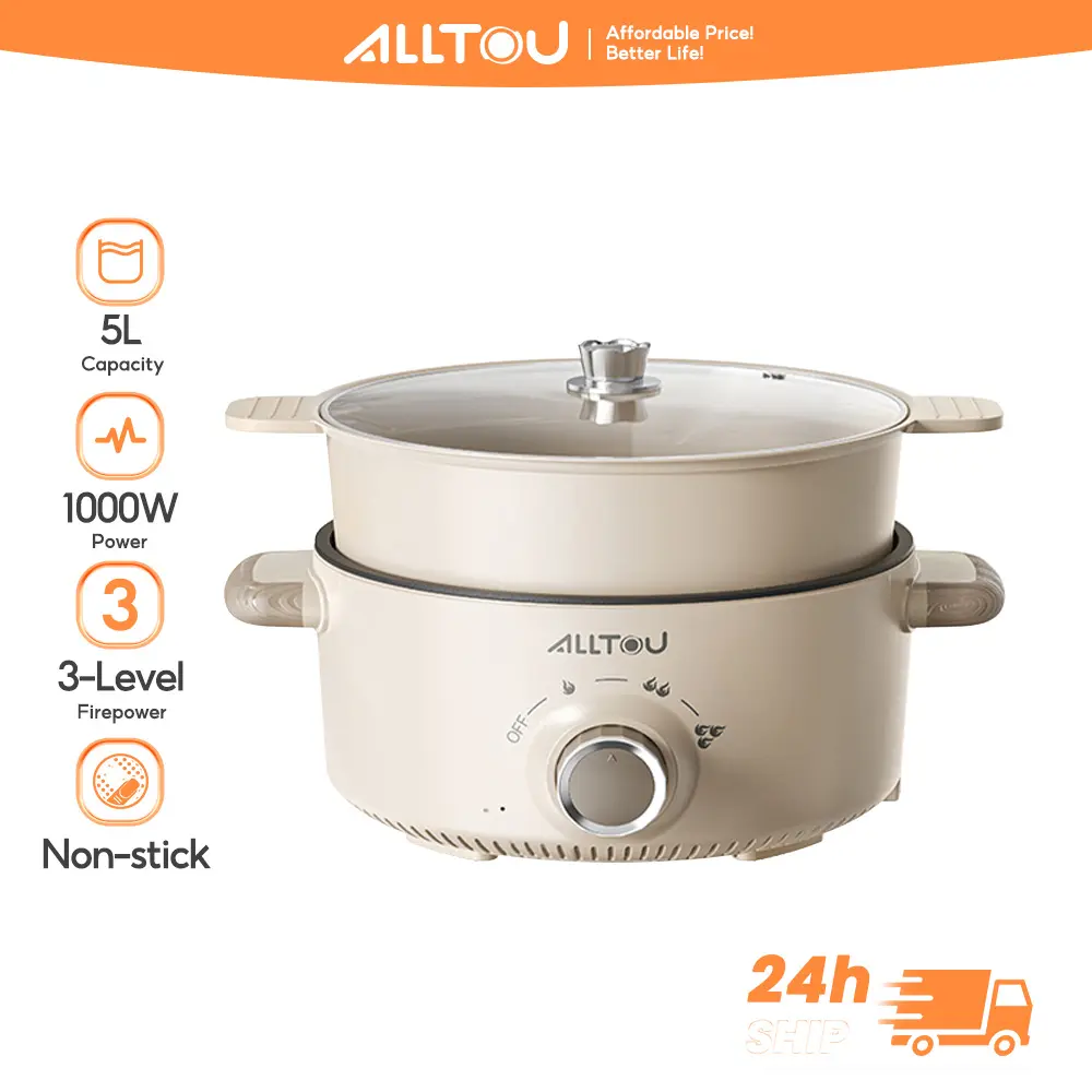 ALLTOU 22CM/28CM Multifungsi Steamer Panci Listrik Serbaguna Anti Lengket Putih Pemanas Pemanggang Cocok untuk keluarga besar 2-6 orang 800w-1000w  Pengiriman aman dengan bubble wrap Garansi 1 tahun