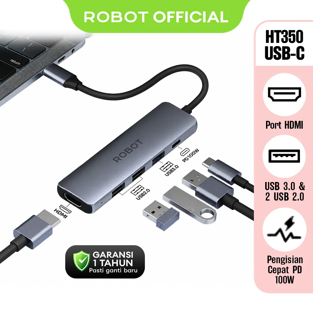 ROBOT HT350 Multiport 5 in 1 USB Type C HUB Adapter Portable - Kabel Hub Multifungsi for Laptop/PC/Computer/Komputer - Garansi 1 Tahun - Bisa COD